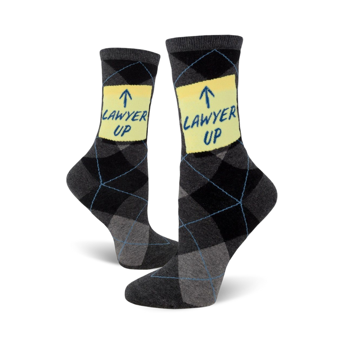gray crew socks featuring a yellow sticky note graphic with the phrase '{lawyer up}' for a humorous take on the legal profession.   }}
