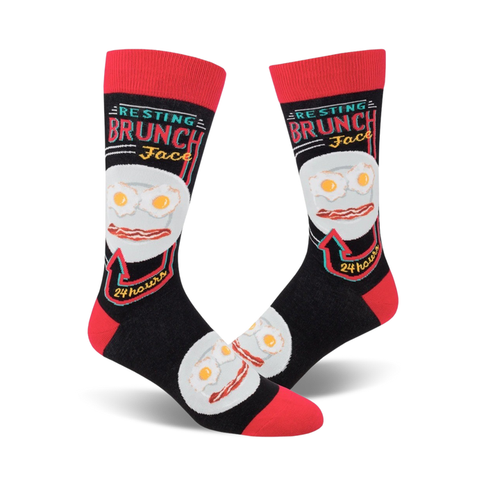 Pair of black crew socks with a red cuff. The design features a plate of eggs and bacon with the text 'Resting Brunch Face' and '24 hours'. }}