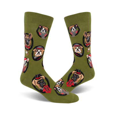 Olive green crew socks with a repeating pattern of dogs in top hats and bow ties. Each dog portrait is encircled.