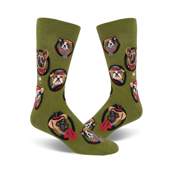 dark forest green crew socks with cartoon dogs wearing hats, ties, and bow ties.   }}