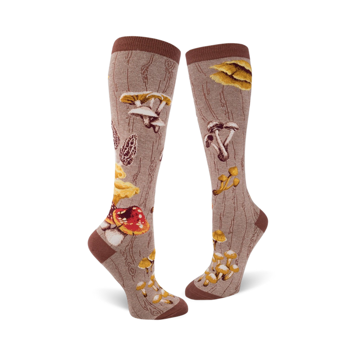 Pair of knee-high socks in brown and beige, featuring a whimsical illustration of various mushrooms and a wood-grain pattern.