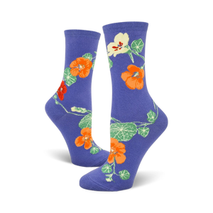 Pair of women's crew socks in purple, showcasing a whimsical nasturtium flower design in orange, red, and green.