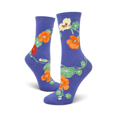 Pair of women's crew socks in purple, showcasing a whimsical nasturtium flower design in orange, red, and green.