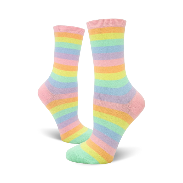 Pair of pastel rainbow striped crew socks. Features horizontal stripes in pink, orange, yellow, light green, and lavender. }}