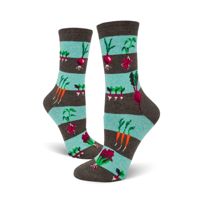 A pair of women's crew socks with teal and gray stripes and illustrations of carrots, radishes, and beets.