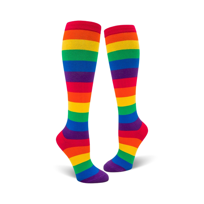 classic knee-high rainbow striped socks for women in red, orange, yellow, green, blue, and purple.   }}