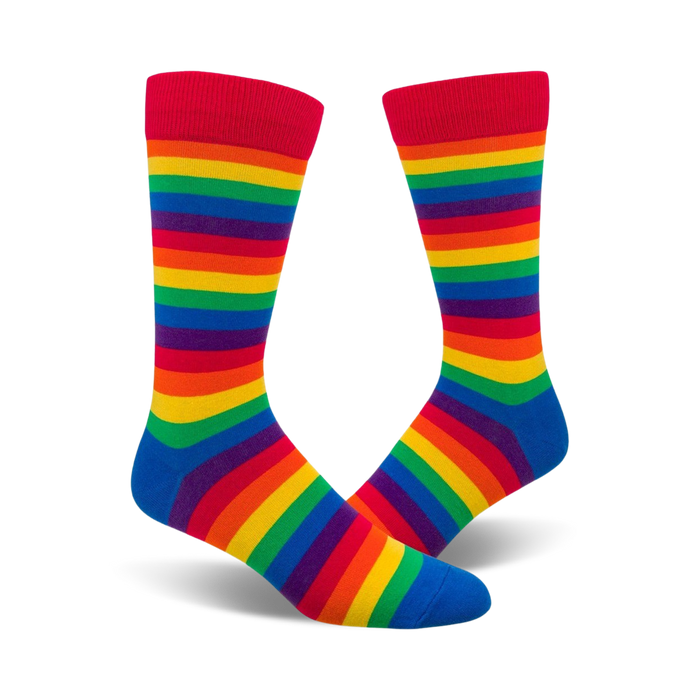 Pair of crew socks in a rainbow stripe pattern. Colors include red, orange, yellow, green, blue, indigo, and violet. }}