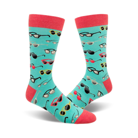 light blue mens crew socks with a cartoon sunglasses pattern in stylish summer color palette.  