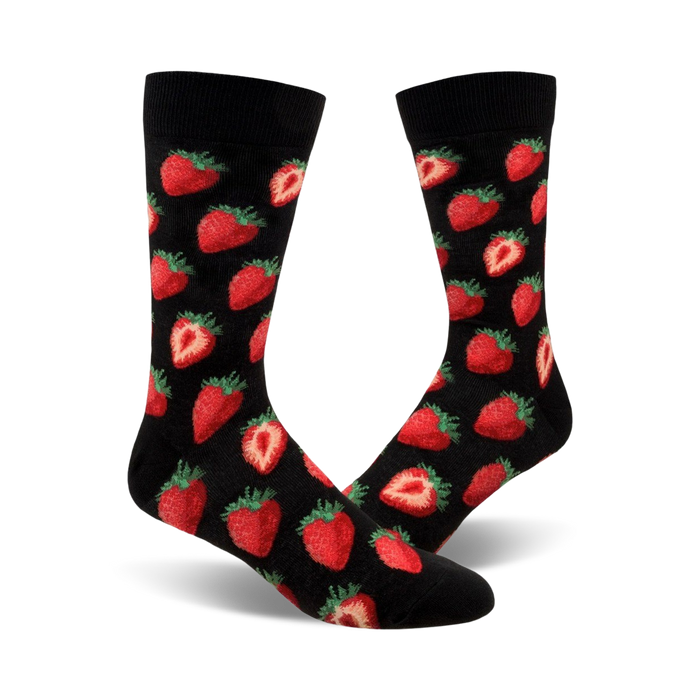 mens crew socks; black with red strawberries pattern; food & drink theme    }}