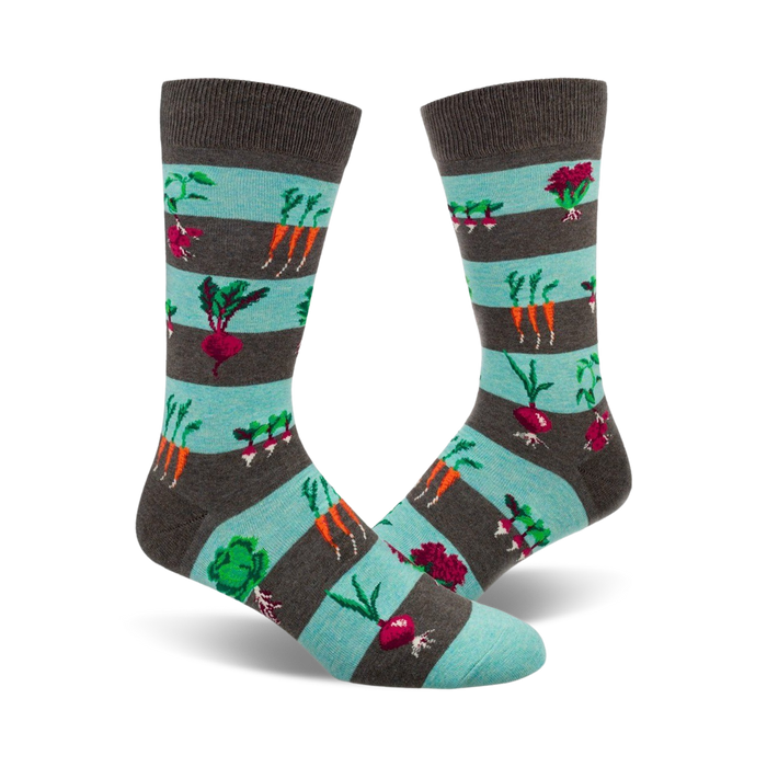blue, gray, and brown crew length socks with a fun pattern of carrots, radishes, cabbages, and beets.    }}