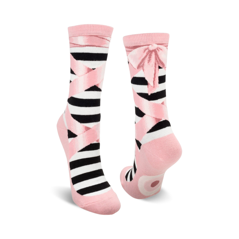 Pair of black and pink striped ballet slipper socks with pink ribbons and bows. Fun and whimsical design.