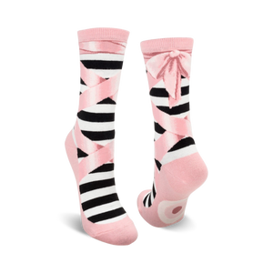 Pair of black and pink striped ballet slipper socks with pink ribbons and bows.  Fun and whimsical design.