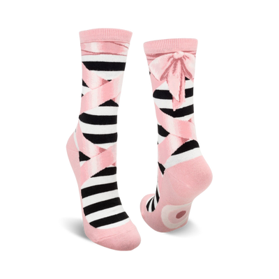 Pair of black and pink striped ballet slipper socks with pink ribbons and bows. Fun and whimsical design.