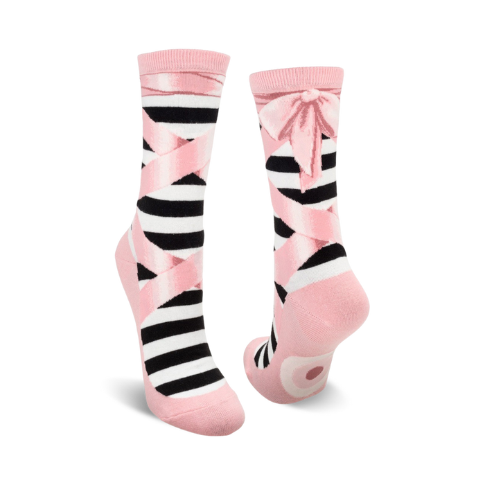 pink and black crew socks with ballet slipper pattern.  