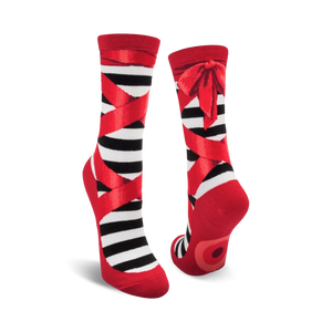 black and white striped crew socks with red ribbon and bow, ballet slippers socks for women.