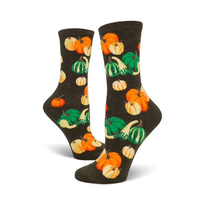 oh my gourd crew socks for women, fall theme, dark green with orange, yellow, green pumpkins and gourds pattern   }}