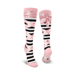 Pair of black and pink striped knee-high socks with pink ribbon ballerina design.