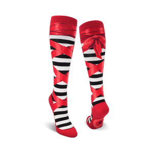 Pair of black and red striped knee-high socks with red ribbon ballerina design.