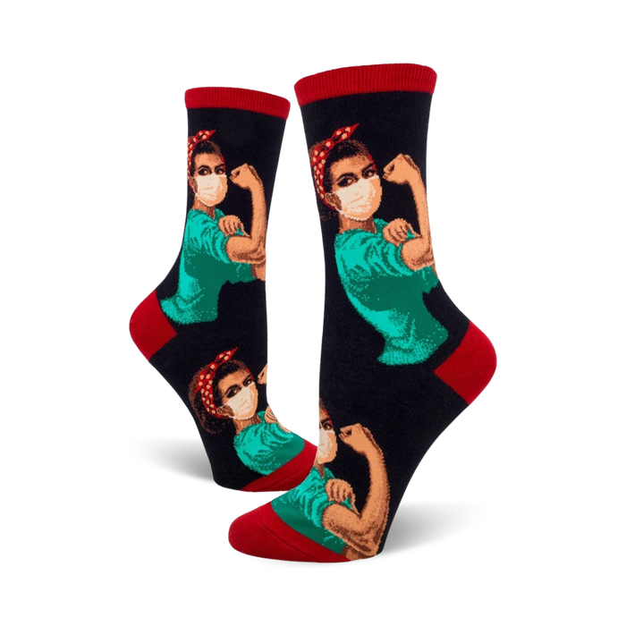 black rosie the nurse crew socks feature rosie the riveter in a surgical mask, representing girl power in healthcare.   }}