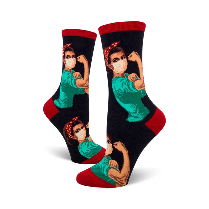Crew socks featuring a repeated image of Rosie the Riveter wearing a face mask, flexing her bicep. Colors are teal, black, and red. }}