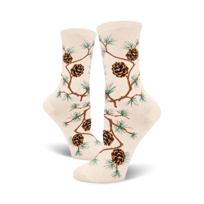 off-white crew socks featuring brown pinecones and green pine needles on a branch. perfect for women who love nature-inspired fashion.   }}