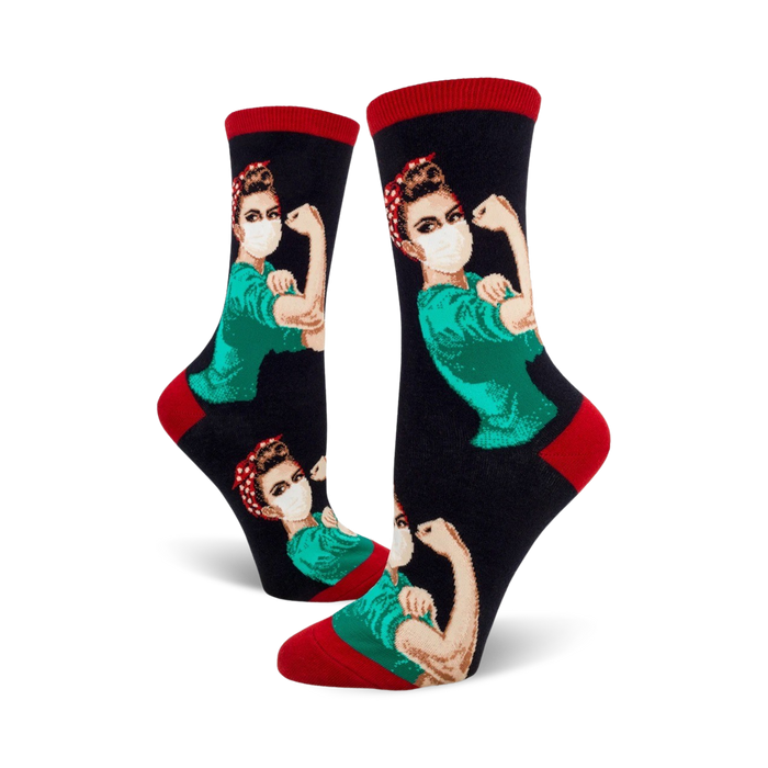 rosie the riveter nurse socks with flexed arm in green, white, and red. crew length. for women.   }}