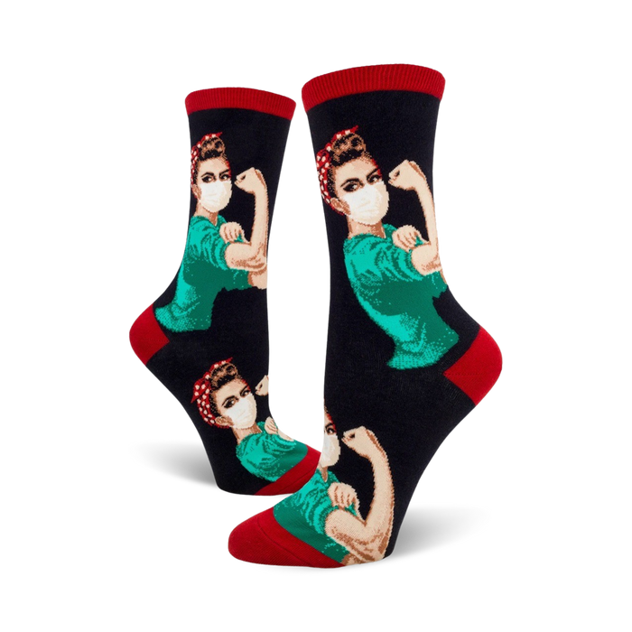 Crew socks featuring a Rosie the Riveter illustration wearing a mask. The socks are predominantly black with teal accents and red cuffs. }}
