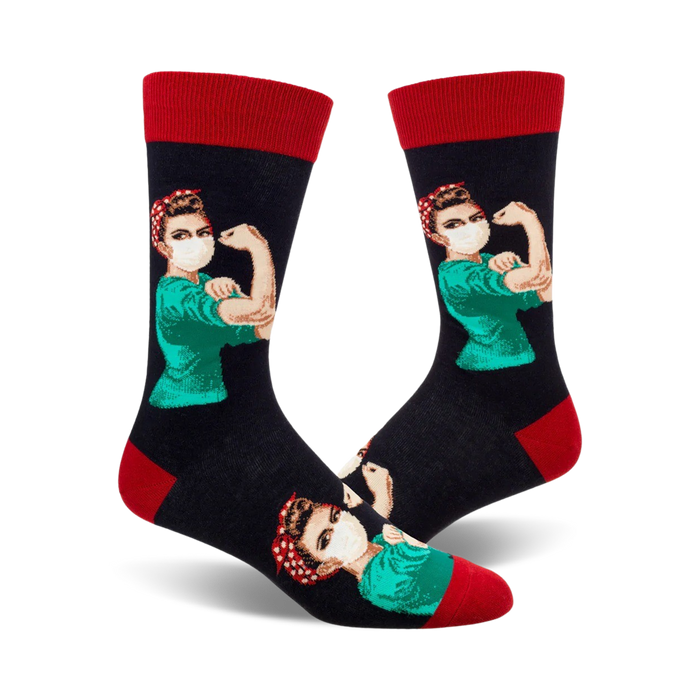 black with red top rosie the nurse crew socks. design features woman wearing bandana and mask, flexing muscles.   }}