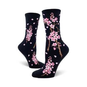 Close-up of the navy blue Cherry Blossom socks showcasing the detail of the cherry blossom design.