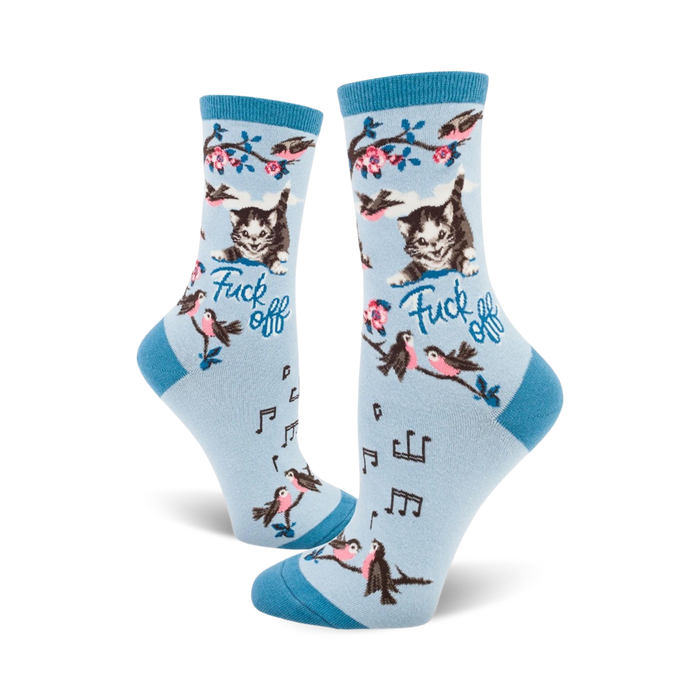 floral and music theme womens crew socks with cats giving the middle finger.   }}