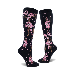 Flat lay product shot of the black Cherry Blossom knee-high socks.