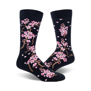 mens's dark blue crew socks with light brown cherry blossom branches with pink petals.   