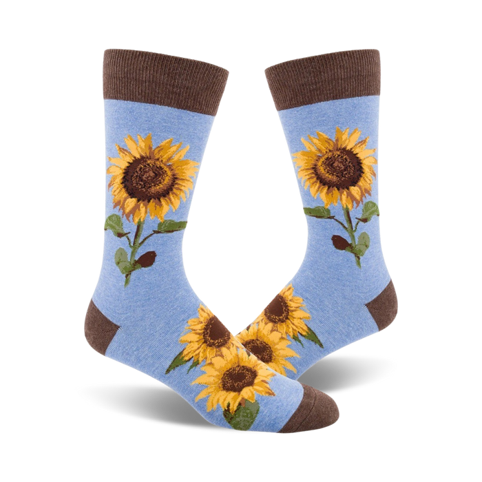 blue crew socks with brown cuff and yellow sunflower pattern.   }}