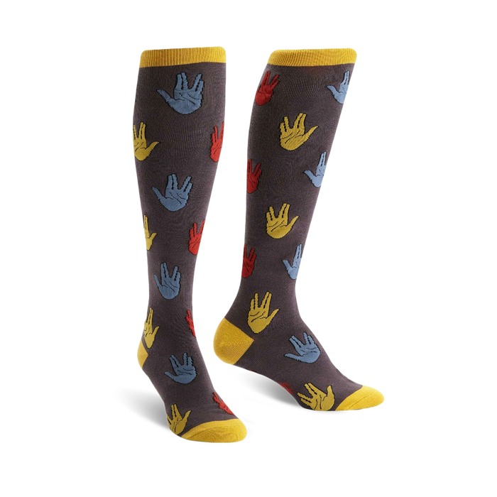 dark gray knee-high socks with colorful vulcan salutes, yellow accents, made for women, pop culture-themed design.   }}