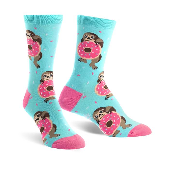 blue crew socks for women featuring a pattern of sloths holding pink doughnuts.   }}