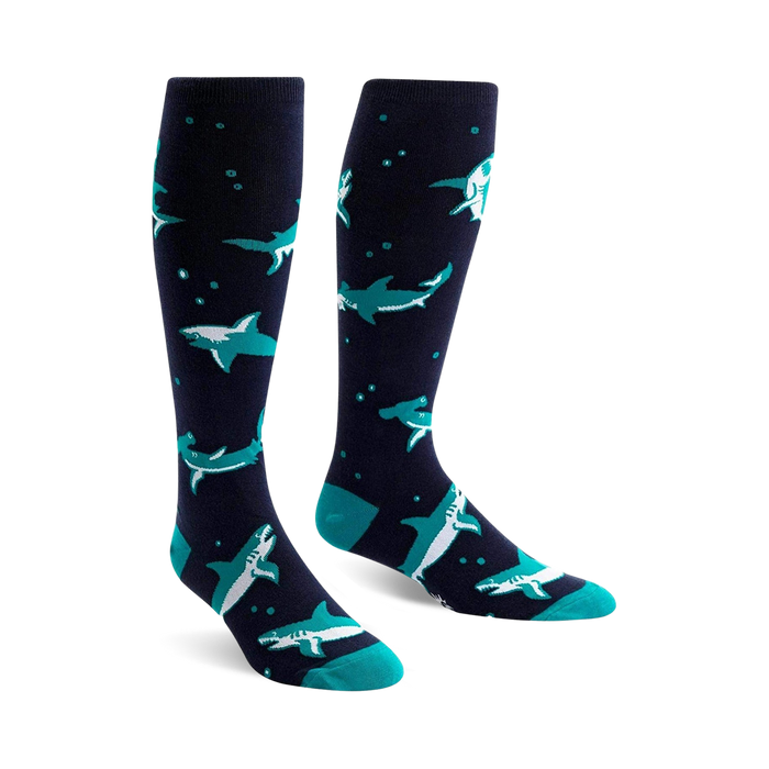 dark blue knee-high socks with cartoon shark pattern. women's size.  
