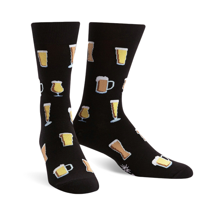 Pair of black crew socks with a pattern of various beer glasses in beige and yellow. Fun and festive! }}
