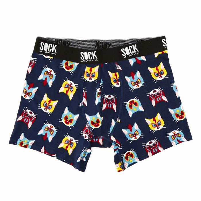 Navy blue men's boxer briefs with a repeating pattern of colorful cats wearing wrestling masks. }}