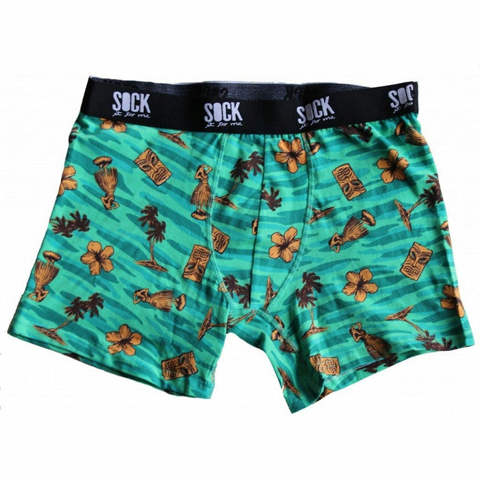 Teal men's boxer briefs with a tropical print. Design includes tiki masks, hula dancers, palm trees, and hibiscus flowers. }}