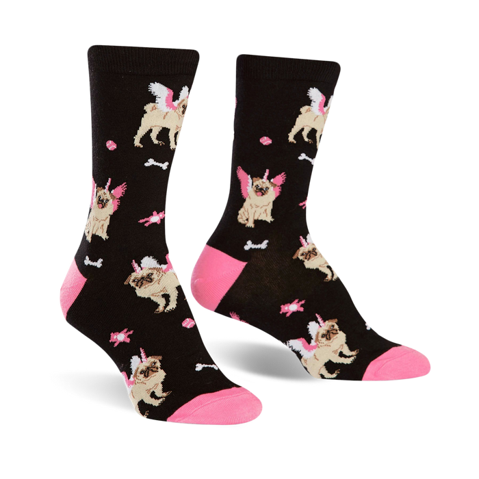 black crew socks with pink and white pug dogs wearing unicorn horns and wings, bones, and stars. pink toes and heels.    }}