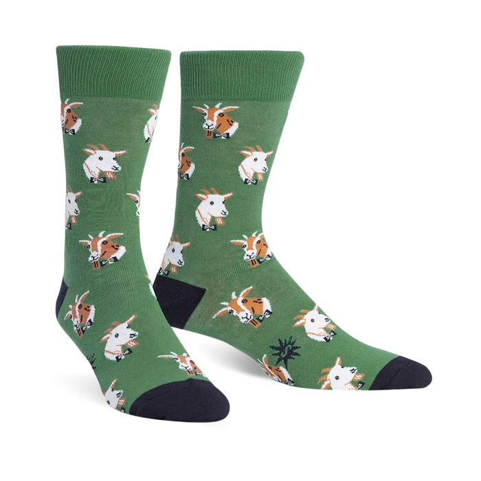 dark green crew socks with cartoon goats in monocles for men.    }}