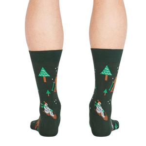 Rear view of the 'Ready, Yeti, Go!' socks showcasing the full design detail on a dark green background.
