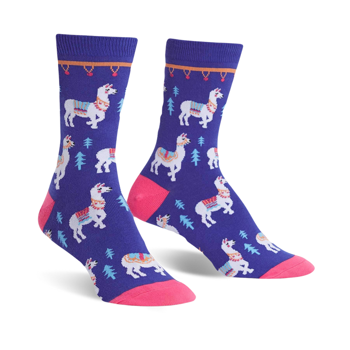 purple crew socks with white llamas, blue, yellow, and red details, green pine trees, brown trunks, and pink toes and heels.    }}