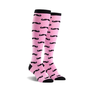 Pair of pink knee-high socks with a repeating black mustache pattern.  Black cuffs.