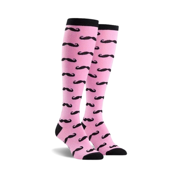 Pair of pink knee-high socks with a repeating black mustache pattern.  Black cuffs.