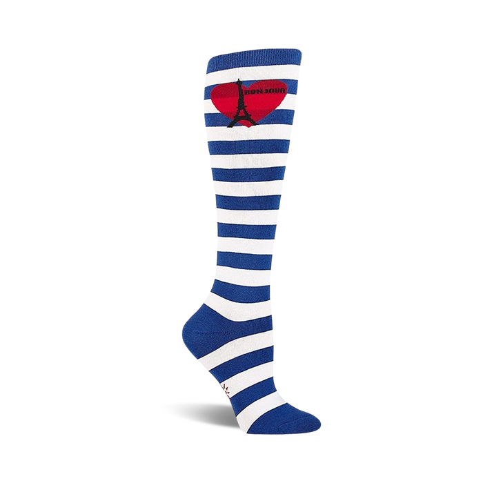 Knee-high socks in blue and white stripes. A red heart with a black Eiffel Tower graphic is featured on the calf. }}