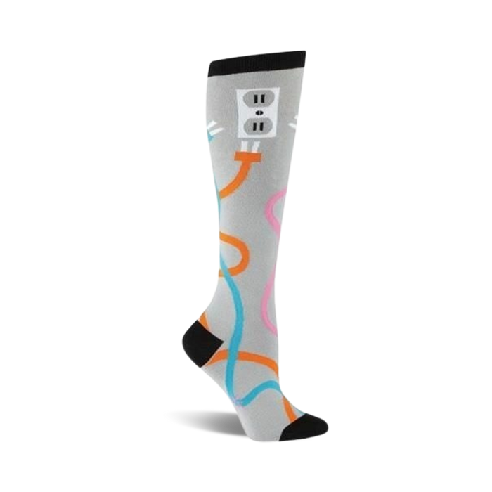 women's knee-high gray socks feature a pattern of blue, yellow, and orange electrical cords. /n  }}