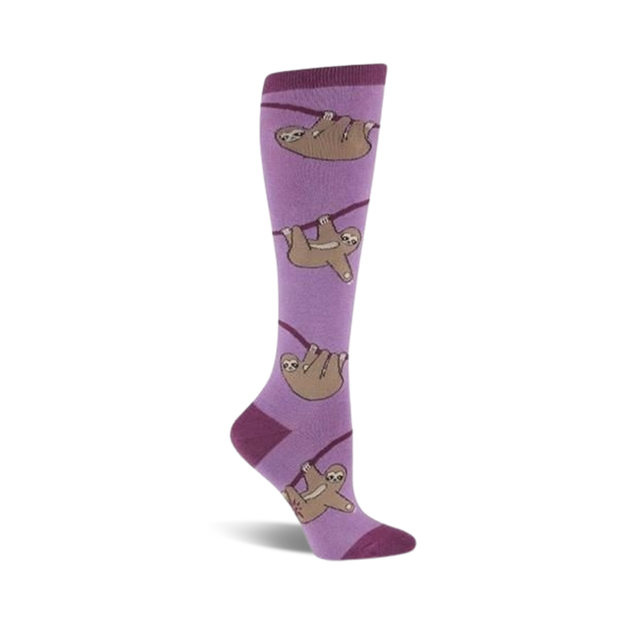 Purple knee-high socks featuring a pattern of brown sloths hanging from branches. }}