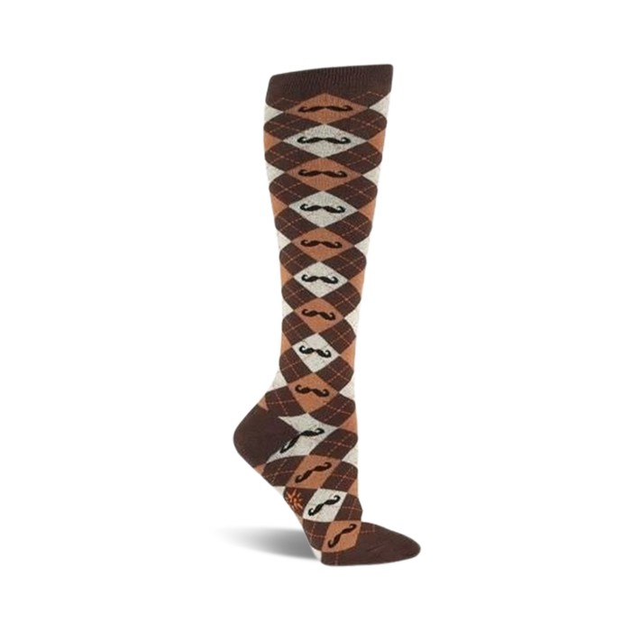 Brown and tan knee-high socks in an argyle pattern. Each diamond features a small, illustrated mustache. }}