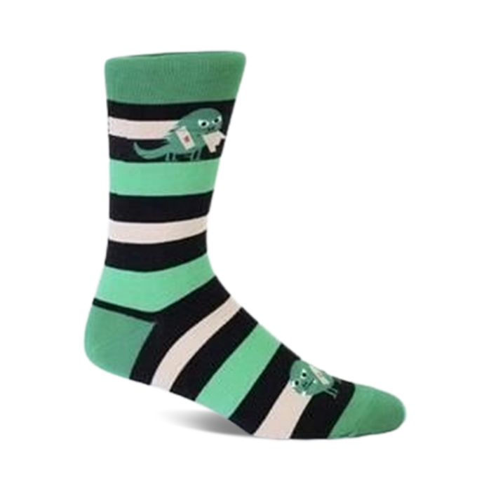 Crew socks in mint green, black, and white stripes. Features a cute monster graphic carrying a letter. }}